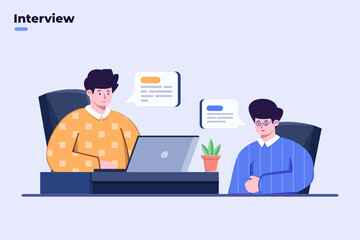 Flat illustration Job Interview process with HR manager. Human Resource and Hiring Process. Joining process at company. People are interviewing to apply for jobs. People discussion, Application and CV