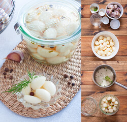 Collage of step by step photos of pickled garlic cooking, fermentation, selective focus
