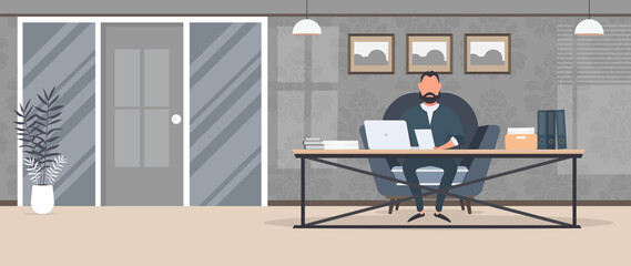 A businessman is working on a laptop in his office. Director's workplace. Laptop, documents, books, loft-style table. Vector.
