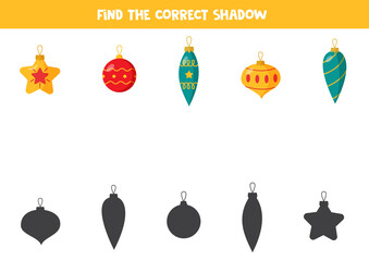 Find shadow of Christmas balls. Educational logical game for kids.