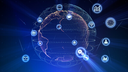 Technology Icon Network World Internet Digital devices on space Earth 3D illustration