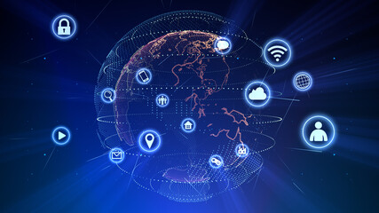 Technology Icon Network World Internet Digital devices on space Earth 3D illustration