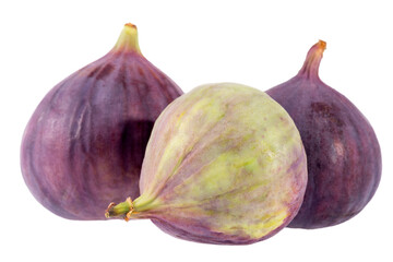 Group of fresh violet and green fruits of figs isolated on white background, close up