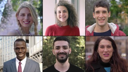 covid 19 - multiscreen of young managers wearing masks at work