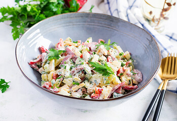 Trendy salad. Salad with ham, paprika, cucumber and cheese. Healthy food, ketogenic diet, diet lunch concept. Keto/Paleo diet menu.