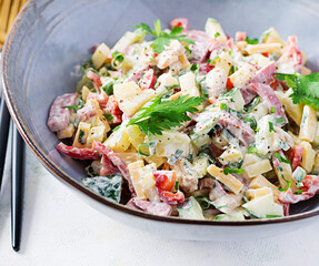 Trendy salad. Salad with ham, paprika, cucumber and cheese. Healthy food, ketogenic diet, diet lunch concept. Keto/Paleo diet menu.