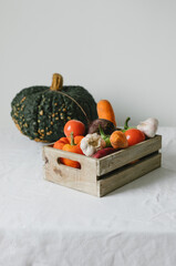 
Still life. Vegetables on the kitchen table. Pumpkin, red onion, garlic, peppers, tomatoes, beets, carrots in a wooden box.