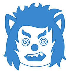 emoji with scary insane wolf face, crazy eyes and crooked teeth, funny cartoon character with simplistic facial expression, simple hand drawn circle shaped emoticon, vector illustration