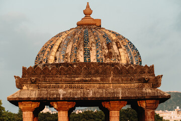 Close up shot of detail of tomb of old ruined Indian architecture chhatardi at Bhuj, Kutch, India