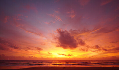Nature background. Shot of Landscape amazing of red sky sunset in the sea with red clouds background. Travel concept.