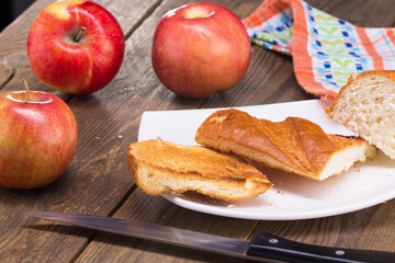 delicious bread croutons and wonderful red apples on the table