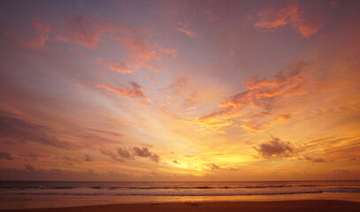 Nature background. Shot of Landscape amazing of red sky sunset in the sea with red clouds background. Travel concept.