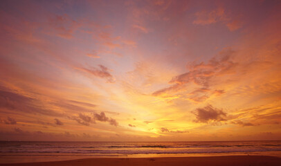 Nature background. Shot of Landscape amazing of red sky sunset in the sea with red clouds background. Travel concept.