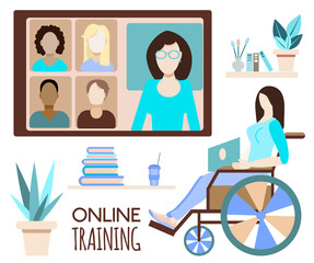 Online Class. Student with a disability. Video call chatting communication concept. Learning for disabled people online. concept of equal opportunities. Vector illustration in a flat style.