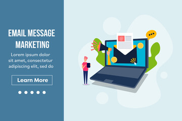 Email message, email marketing, email communication and advertising, people reading email, isometric style email marketing banner template.