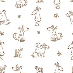 Seamless pattern with cute cartoon dogs on white background. Funny puppies are walking in nature. Print with joyful animals. Vector doodle wallpaper.