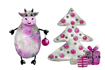 Bull is the symbol New Year 2021 decorating the Christmas tree. Watercolor hand drawn illustration isolated on white background. Design of a banner, Christmas cards, congratulations, invitations