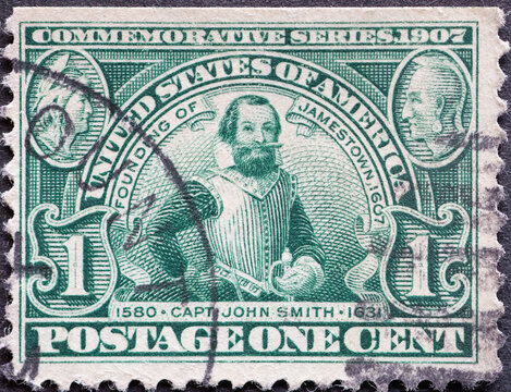 USA - Circa 1907 a postage stamp printed in the US showing Captain John Smith, Jamestown Commemorative