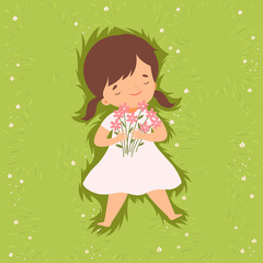 Top View of Adorable Brunette Girl Lying Down on Green Lawn, Cute Kid Lying on Grass Dreamily Looking into Sky Cartoon Vector Illustration