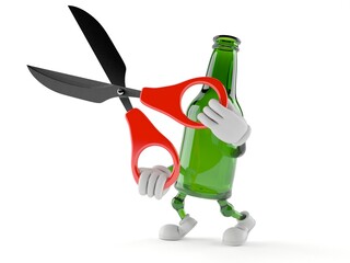 Green glass bottle character holding scissors