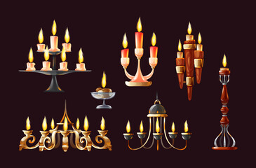 Realistic candles in candlesticks set. Retro vintage candle holders, chandelier and candelabrums with burning flames. Household and church items.