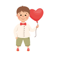 Cute Boy with Red Balloon in Shape of Heart, Adorable Child Character with Romance Feelings Symbols, Happy Valentines Day Concept Cartoon Vector Illustration