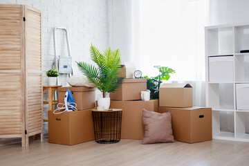 moving day concept - stack of cardboard boxes, houseplants and other domestic things in living room...