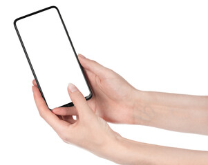 Woman hand holding the black new smartphone with blank screen isolated white background. hands using phone clipping path