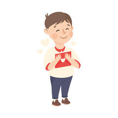 Cute Happy Boy Holding Love Letter, Adorable Child Character with Romance Feelings Symbols, Happy Valentines Day Concept Cartoon Vector Illustration