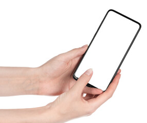Woman hand holding the black new smartphone with blank screen isolated white background. hands using phone clipping path