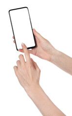 Woman hand holding the black new smartphone with blank screen isolated white background. hands using phone clipping path