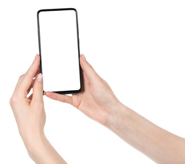 Woman hand holding the black new smartphone with blank screen isolated white background. hands using phone clipping path