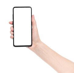 Woman hand holding the black new smartphone with blank screen isolated white background. hands using phone clipping path