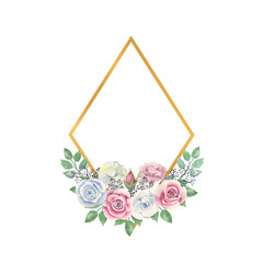 Blue and pink roses flowers, green leaves, berries in a gold diamond-shaped frame. Watercolor illustration