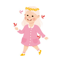 Cute Girl in Wreath of Flowers, Adorable Child Character with Romance Feelings Symbol, Happy Valentines Day Concept Cartoon Vector Illustration