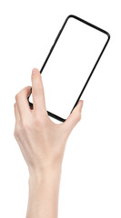 Woman hand holding the black new smartphone with blank screen isolated white background. hands using phone clipping path