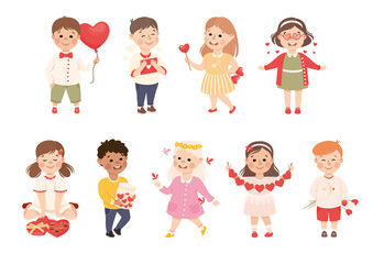 Cute Happy Children with Romance Feelings Symbols Set, Adorable Kids with Hearts, Happy Valentines Day Concept Cartoon Vector Illustration