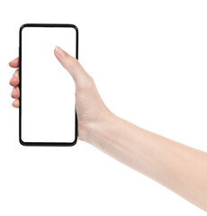 Woman hand holding the black new smartphone with blank screen isolated white background. hands using phone clipping path