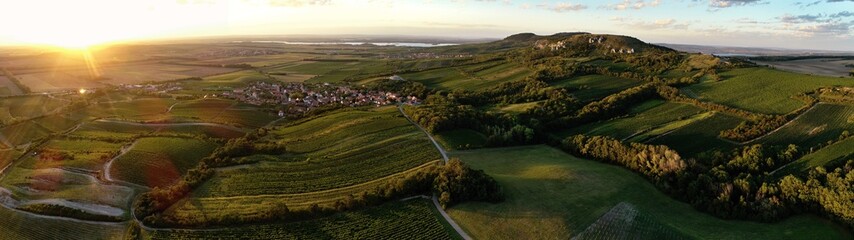 Panoramic view of vineyards and village