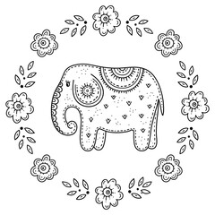 Funny cartoon children's coloring book. Elephant surrounded by flowers. Children's drawing in the Scandinavian style. Folk art.