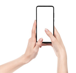 Woman hand holding the black new smartphone with blank screen isolated white background. hands using phone clipping path