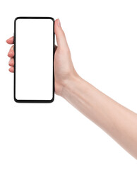 Woman hand holding the black new smartphone with blank screen isolated white background. hands using phone clipping path