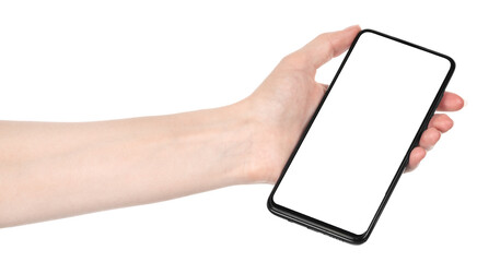 Woman hand holding the black new smartphone with blank screen isolated white background. hands using phone clipping path