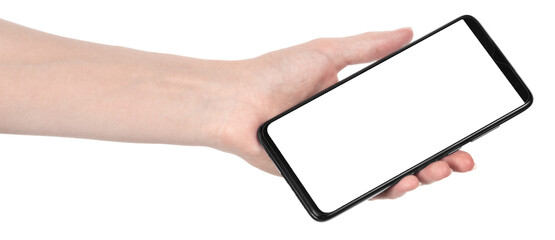 Woman hand holding the black new smartphone with blank screen isolated white background. hands using phone clipping path