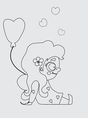 A little angel girl with wings sits with a balloon in her hands and with hearts above her head. Vector illustration. Isolated over white background. outline. Kids collection