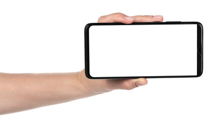 Woman hand holding the black new smartphone with blank screen isolated white background. hands using phone clipping path