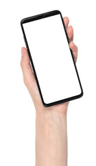 Woman hand holding the black new smartphone with blank screen isolated white background. hands using phone clipping path