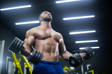 Naklejka premium Bottom up view of a strong athlete lifting dumbbells in the gym