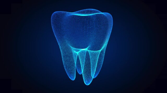Glowing blue particles formation Tooth, animation of rotating. Polygon mesh of model. Looping motion animated virtual space.
