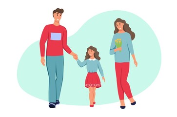 Naklejka premium Family in spring clothes. Dad, mom and daughter walking in the Park.A character isolated on a white background. Flat cartoon vector illustration.